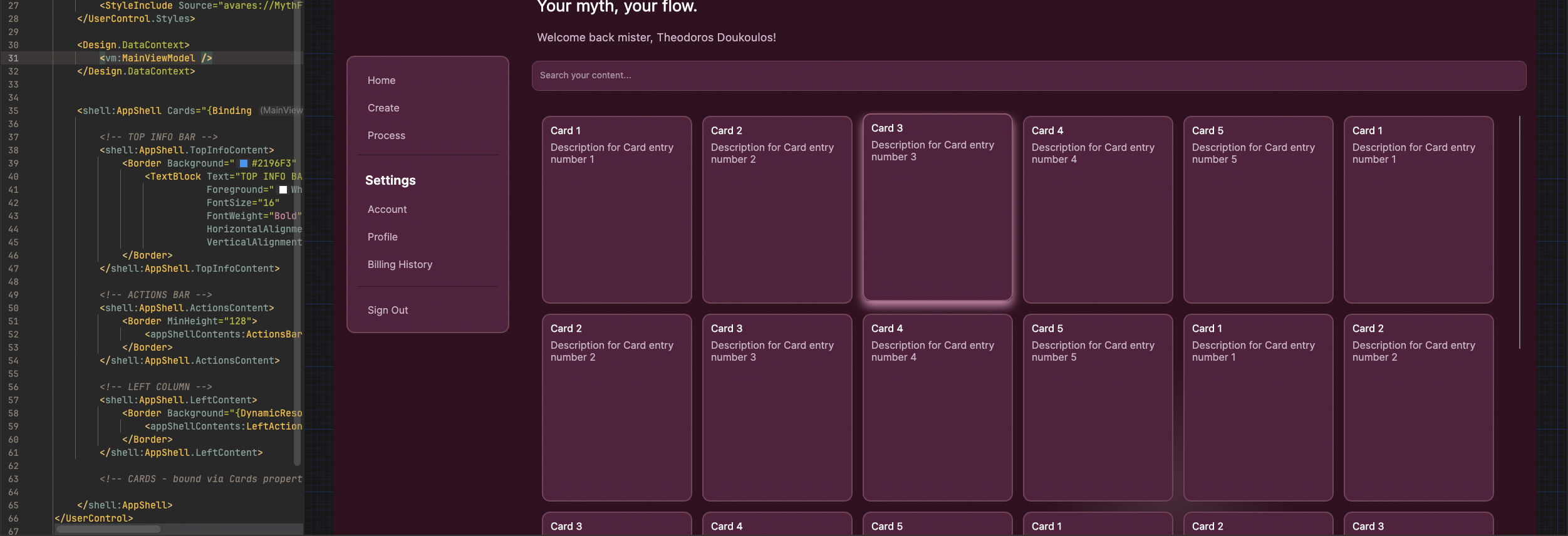 MythFlow Avalonia desktop app showing the card grid dashboard