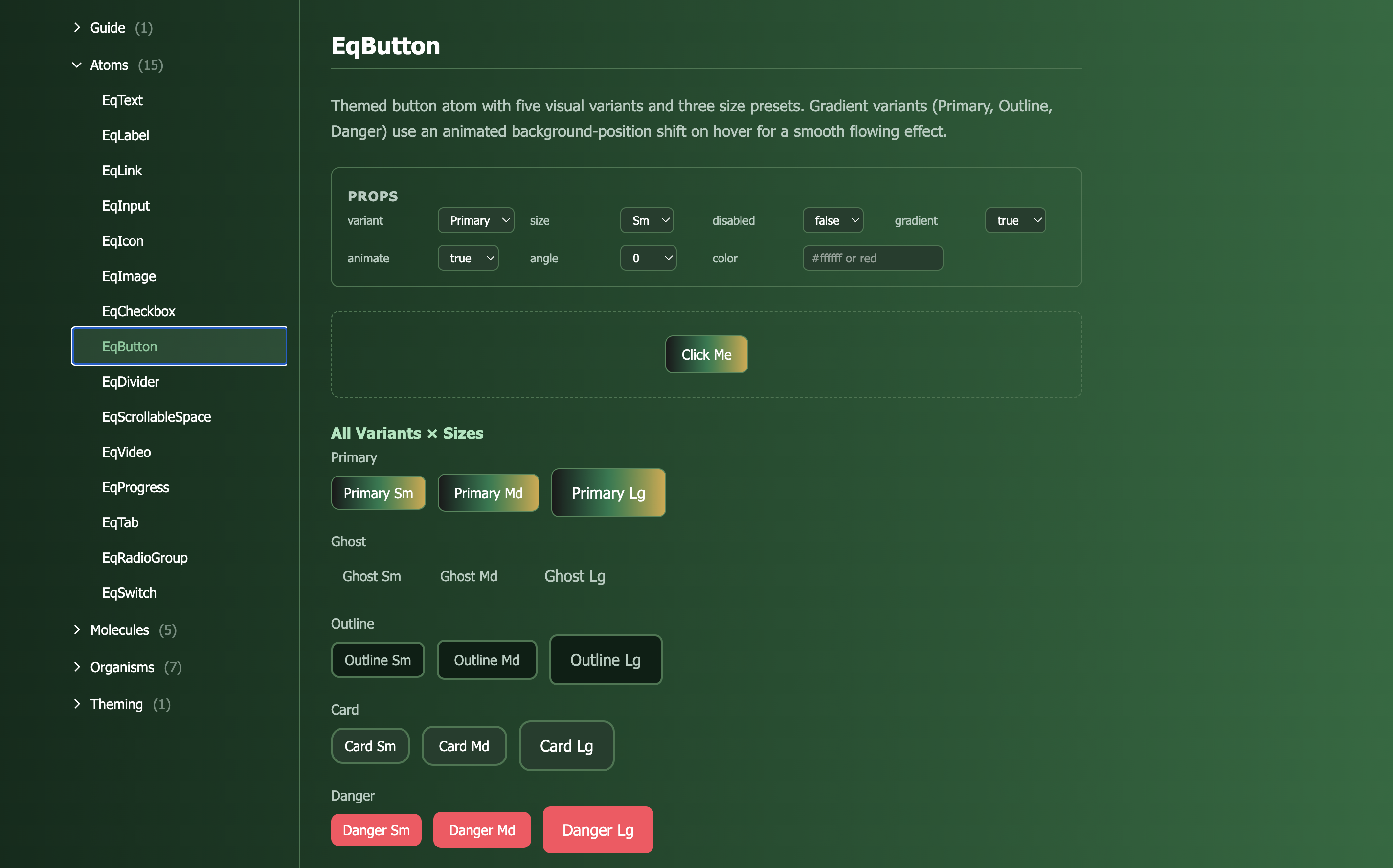 EqButton component in the eq_ui playground showing all five variants and three sizes with Gruvbox theme